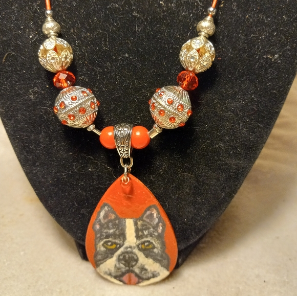 Handpainted,handmade red leather wood teardrop Boston terrier breed necklace . - Picture 2 of 2
